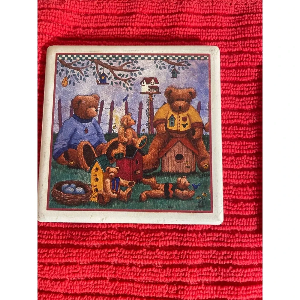 Stone Art Absorbent Stone Coaster Set of 4 Teddy Bear Garden Scene Cork Backing
